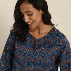Blue Dyed & Hand Block Print Floral Lounge Top