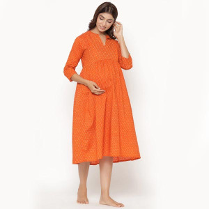 Orange Printed Pure Cotton Maternity Midi Dress