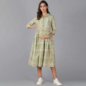 Green Pure Cotton Maternity A-Line Dress
